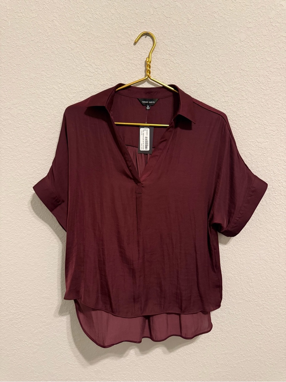 NWT Naked Zebra Wine Satin High-Low Collared Burgundy Blouse Small